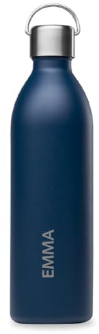 Qwetch - Bouteille Isotherme Active 1 Litre Personnalisée - Gourde avec Anse Inox Recyclé - 24h Froid et 12h Chaud - Etanche, Sans BPA & Compacte (Bleu marine)