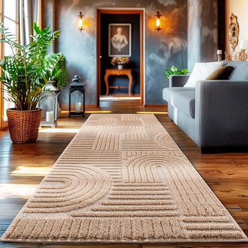 HomebyHome Kurzflor Teppich Läufer 80 x 250 cm Rosa Hoch-Tief 3D Effekt Teppich Waschbar, Flauschig und Extra Weich - Skandinavisch Boho Muster Teppich für Wohnzimmer, Schlafzimmer und Küche