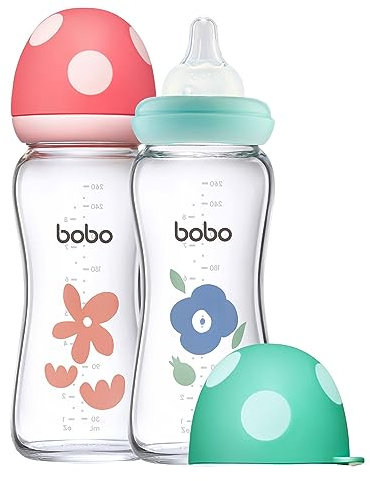 YOHKOH Natural Response Weithals-Babyflasche aus Glas, Anti-Kolik Baby Glas Flaschen mit Ultraweiches Silikon-Sauger, für Neugeborene Babys ab 1 Monat (Mehrfarbig, 260ml (2er Pack))