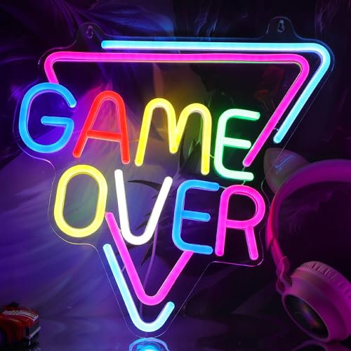 Hinittey Gaming Room Decor, Game Over Neon Sign with Dimmer for Bedroom Game Room Wall Decor, Gamer LED Neon Lights Gifts for Boys Men Teens