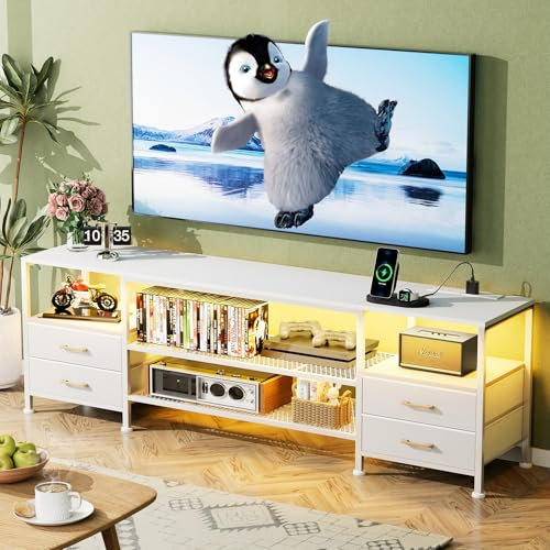 Meuble Tele Blanc, Table Television Salon avec Port et Prise USB, Éclairage LED RGB avec Couleur Réglable, Cadre en Acier, Meuble TV pour Salon/Chambre, 160x40x63 cm (Blanc)