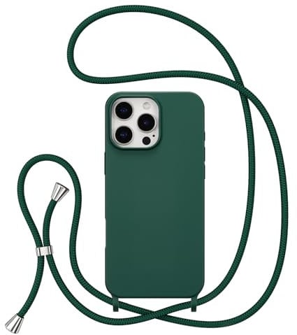 ZTOFERA Crossbody Lanyard Case for iPhone 16 Pro, Liquid Silicone Protective Phone Case with Strap Adjustable Neck Cord Necklace Soft Cover for iPhone 16 Pro, Dark Green