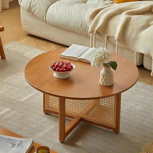 Locuetyn Kleiner Rattan-Couchtisch, Boho-Massivholz-Couchtisch, moderner runder Beistelltisch, schmaler Nachttisch, für Wohnzimmer, Wohnung, Büro