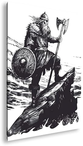 Leinwandbild Wikinger auf Felsen, Schwarz-Weiß, starker Krieger, bereit für Schlacht. Format: 100x70 cm XXL Kunstdruck Bild auf Keilrahmen/Wandbild/Wohnzimmer Deko