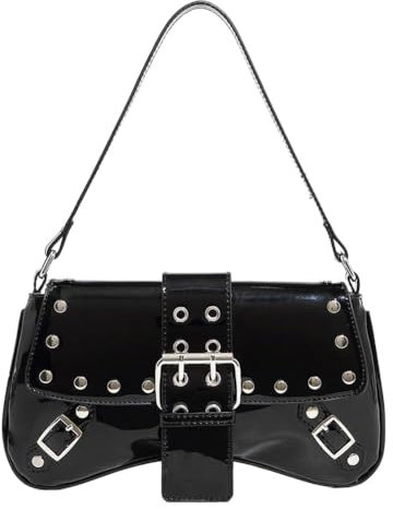 Kexpery Y2K Damen Umhängetasche mit Nieten Vintage PU Leder Cool Girl Handtasche Punk Unterarmtasche für Mädchen Tägliche Outdoor Tasche, Schwarz