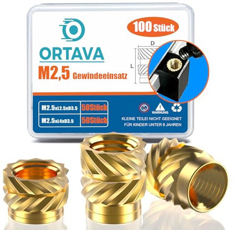 ORTAVA M2,5 Gewindeeinsatz, 100 Stück Einpressmuttern (M2,5x2,5x3,5mm+M2,5x4x3,5mm) für Kunststoffteile, Messing Einschmelzgewinde, Threaded inserts für Durch Wärme Einschmelzen in 3D-Druck-Teile