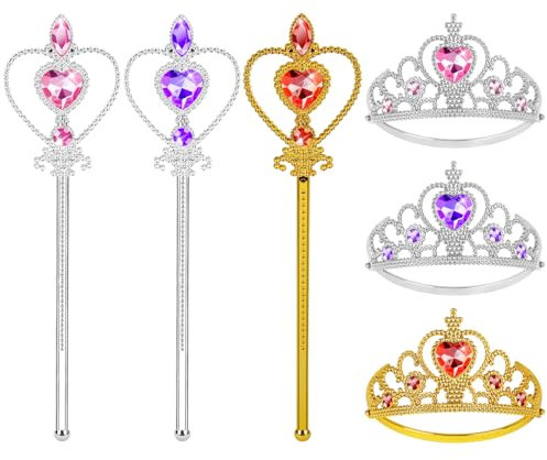 Aolso Elsa 6 Pièces Cadeau Set, Princesse Inclus Couronne avec Baguette Magique - Dress Up Accessoires de Filles pour Carnaval, Ensemble Couronne de Princesse(rose/violet/jaune)