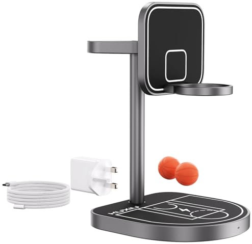 KU XIU X85 Stazione di Ricarica 3 in 1 – Caricatore Wireless per iPhone 16/15/14/13/12, 5W per Apple Watch 10/9/8/7/Ultra, Compatibile con AirPods 4/3/2 Pro, Design Divertente con Basketball - Nero