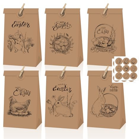 Sfoni 12 Stück Ostertüten zum Befüllen Schwarz Bedruckte Tüten Ostern Geschenktüten Set mit 12 Holzklammern und 18 Aufkleber Papiertüten für Osternest zum Basteln und Verschenken