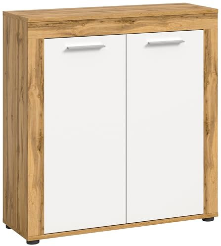 xonox.home Wohnzimmer Jam Highboard Hochkommode Wohnzimmerschrank Hochschrank Anrichte in Front weiß Melamin, Korpus Wotan Eiche Nb., ca.80x88x35 cm
