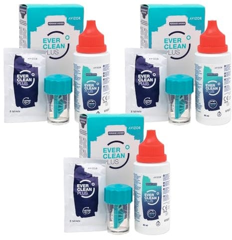 Avízor Ever Clean Plus - Travel Kit - Contact Lens Cleaning and Disinfection Solution - Deep Removal of Lipid Deposits - Ideal for Travel - 3x60ml + 24 Tablets