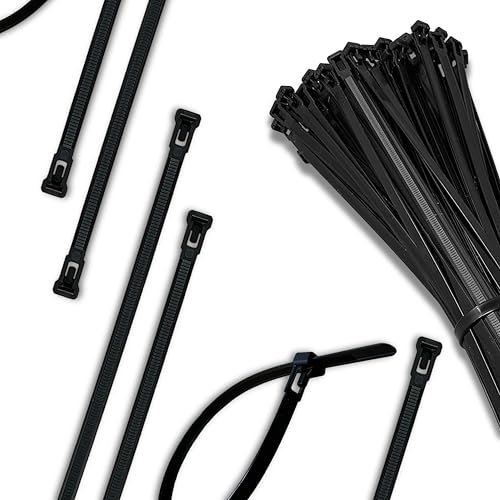 Evoges 7.6x300mm Black Reusable Releasable Cable Ties, 100% Nylon 66, 22kg Tensile Strength (Pack 50)