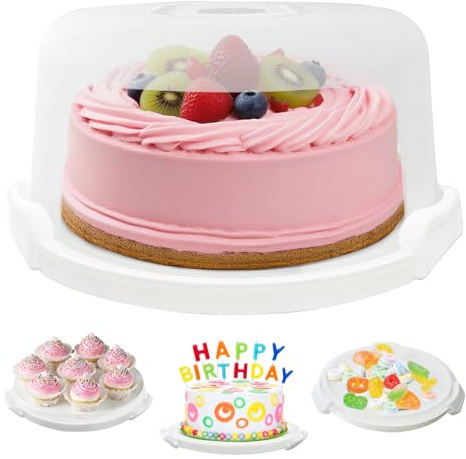 Slomg Plastic Cake Carrier with Lid and Handle, Multipurpose Cake Stand Holder Container for 11 in Cake, Round Cupcake Storage Box Serving Tray with Cover for Bundt Dessert Pie Pizza Eggs Fruit White