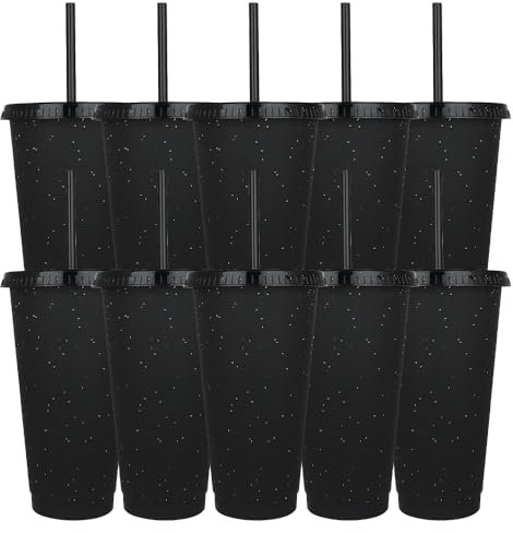 Jonuin 10 Pack Reusable Plastic Cups, 24oz Plastic Tumblers with Lid and Straw, Tumblers Travel Mugs, Black Glitter Cold Drinking Cups for Parties & Travel Cold Drinks Iced Coffee Smoothie