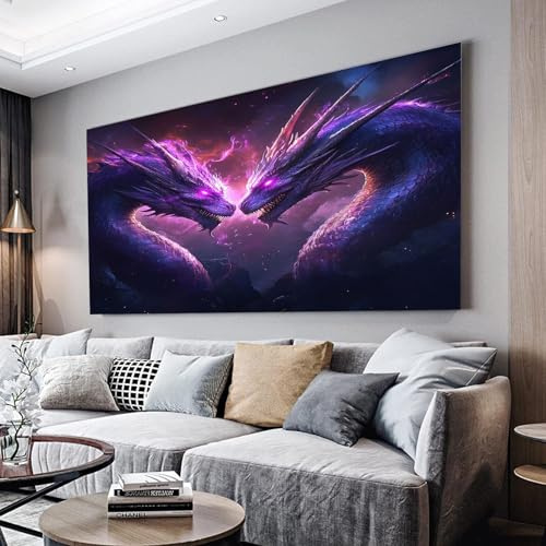 MKBKLI Wandbilder Dekoration Wohnzimmer Lila, Tier, Drache Bilder 70x140cm | auf Leinwand Leinwandbild Schlafzimmer Küche Deko Wand Kunstdruck Art Groß XXL Wanddeko Bild Wall Decor Canvas