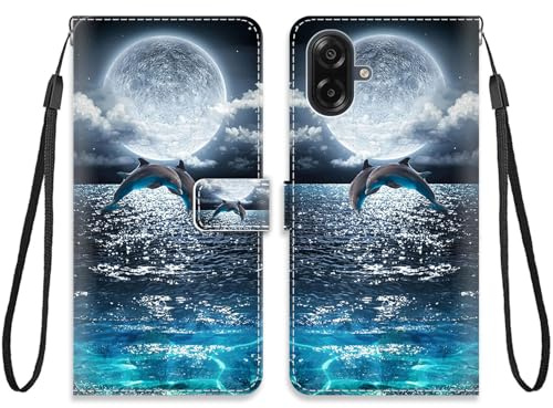 KARTXITAI Hülle Kompatibel mit Samsung Galaxy M07,Handyhülle mit Kartenfach Geld Slot Ständer PU Ledertasche Wallet Flip Magnetische Muster Schutzhülle-Delfine,Meer Mond,Himmel