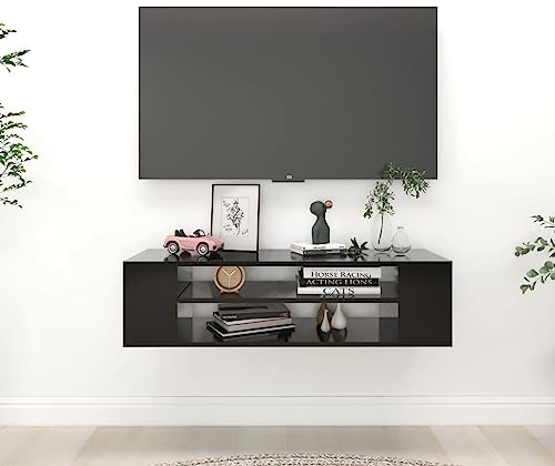 Homvdxl Floating TV Unit, Wall Mounted TV Unit with 2 Tier Open Shelves, 100 cm Hanging TV Stand Cabinet for Living Room and Bedroom, Black