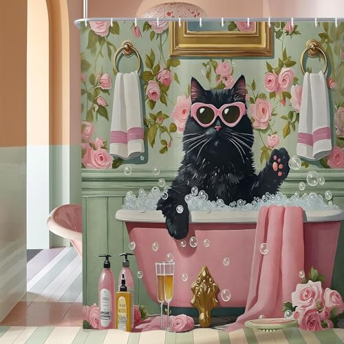 ASDCXZ Rideau de Douche Chat 180x200 cm, Vintage Mignon Rose Salle de Bain Drôle Noir Chaton Lavage Filles Imperméable Bain Rideau Textile Lavable Rideaux Douche pour Baignoire avec 12 Crochets
