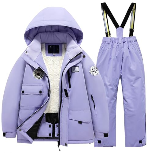 Generisch Combinaison de ski pour enfant - Avec poche polaire - Veste et pantalon d'hiver coupe-vent - Snowboard - Unisexe - Pour l'hiver, lilas, 14-16 ans