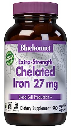 Bluebonnet Nutrition Albion Extra-Strength Chelated Iron 27 mg, For Healthy Red Blood Cell production*, Soy-Free, Gluten-Free, Non-GMO, Kosher, Dairy-Free, Vegan, 90 Vegetable Capsule, 90 Serving