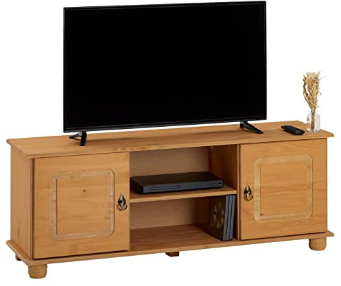 IDIMEX Meuble TV Belfort Banc télévision de 134 cm en Bois Style Campagne avec 2 Portes et 2 niches, en pin Massif Finition teintée et cirée
