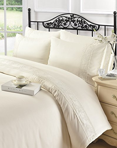 Single Size Charlotte Lace Cream Duvet Cover Set Bed Bedding Set with Matching Pillowcases - Single
