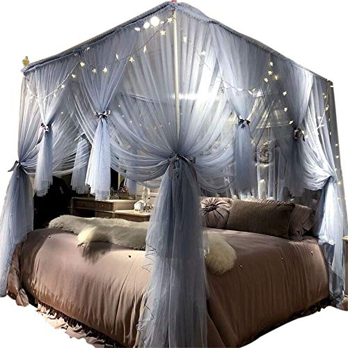 Joyreap Bettvorhang mit 4 Ecken, für Mädchen und Erwachsene, luxuriöses, gemütliches Drapiernetz, niedliche Prinzessinnen-Schlafzimmer-Dekoration, Zubehör (Grau-Blau, 218,4 cm B x 198,1 cm L,