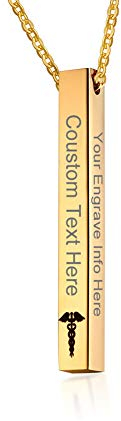 VNOX Personalisierte Edelstahl 4 Seitige Caduceus Medical Alert Symbol Anhänger Vertikale Bar Halskette für Frauen Mädchen, Freies Gravur
