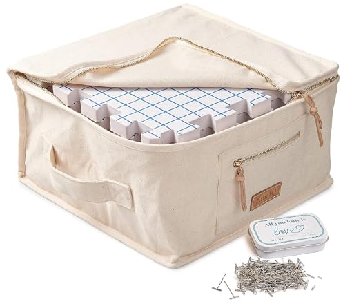 KnitIQ Spannmatten Set - 9 Extra Dicke Blockiermatten mit Rasterlinien, 150 Rostfreie T-Pins in Dekobox, Qualitätstasche für Stricken, Häkeln, Handarbeiten und Wohnaccessoires - Naturdesign