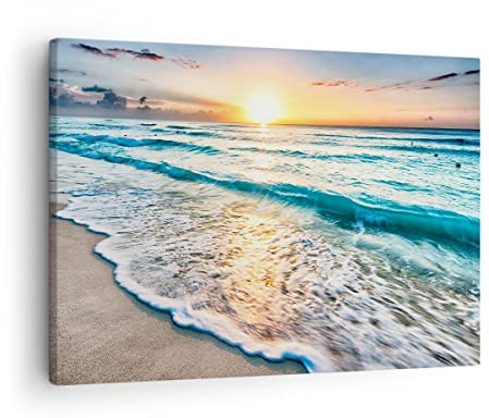 Bilder auf Leinwand Meer Welle Strand Leinwandbild mit Rahmen 70x50cm Wandbilder Dekoration Wohnzimmer Schlafzimmer Küche Deko Klein Wanddeko Bild Wand Kunstdruck Art Wall Decor Canvas AA70x50-3621