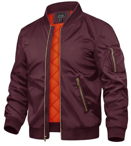TACVASEN Men's Jackets Windproof Bomber Jacket Casual Padded Full Zip Coats Wine Red, S