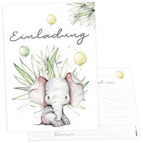 Olgs Elefant mit Ballon Einladungskarten, 12er Spaß-Set für Kindergeburtstag, Bunt & Ausfüllbar, inkl. Umschläge, Ideal für Jungs & Mädels