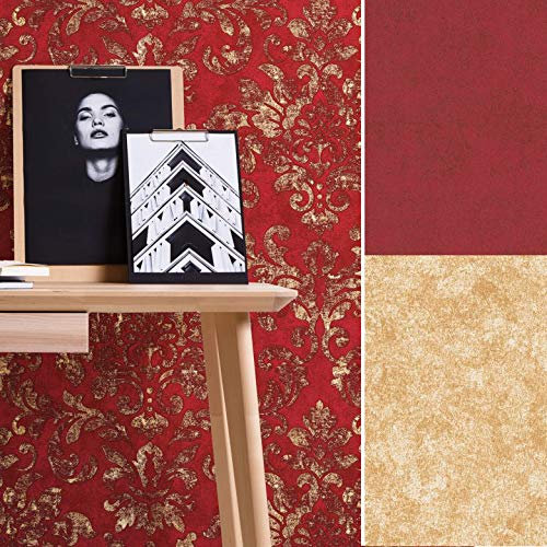 Romantische Barock Ornamente Blumen Tapete Vliestapete Vinyl Vlies Wohnzimmer Fototapete Made in Germany (10.05 m x 0.53 m Vintage Uni Optik Rot)