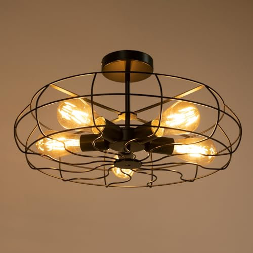 Berkalash - Lámpara de techo con ventilador, retro, industrial, hierro, lámpara y ventilador, iluminación para salón, dormitorio, 5 bombillas E27
