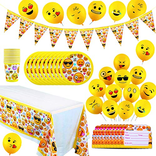 YuChiSX Emoji Party Set für Kindergeburtstag Partydekoration Emoji Geburtstagsfeier Zubehör - Pappteller, Banner, Becher/Tassen, Partytüten, Einladungskarte & Tischdecken Smiley, Emoticon Partyset