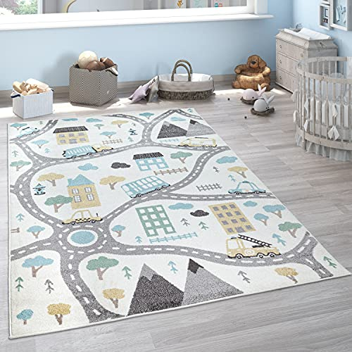 Paco Home Kinderteppich Teppich Kinderzimmer Spielteppich Pastell Junge Mädchen Auto Straße Haus Creme Petrol Grau Gelb, Grösse:200x280 cm