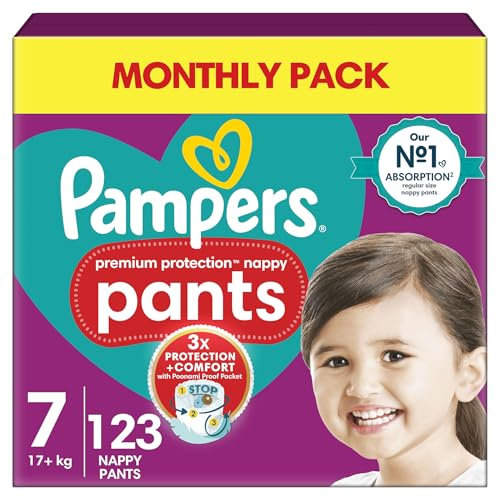 Pampers Premium Protection Nappy Pants Size 7, 123 Nappies, 15kg+, Monthly Pack + Pampers Harmonie Aqua Baby Wipes 1 pack of 10 Wipes-
