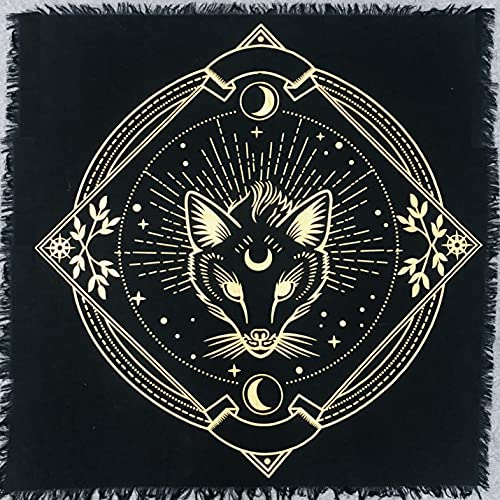 THE ART BOX Altartuch Tarotkarten Servietten Hexereizubehör Schwarzgold Tischdecke Quadratisch Spirituell Himmlisches Decktuch Mit Fransen, Wolf, 36x36 Zoll