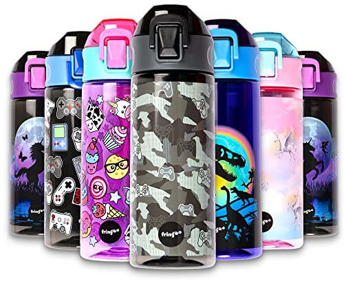 fringoo - Manette de jeu Camo - Bouteilles d'eau sans BPA - Bouteille d'eau à paille rose - Bouteille d'eau réutilisable - 600 ml / 20 Oz