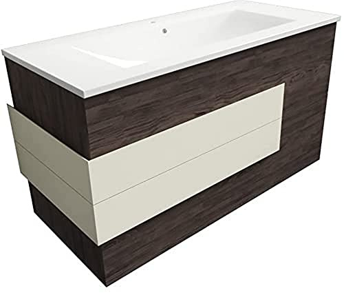 ATRIOS Conjunto Mueble de Baño Estilo Madera, Modelo Leo con 2 Cajones con Lavabo Porcelánico y Suspendido en Pared, Mueble MONTADO, Acabado Laminado Castaño, 80 cm