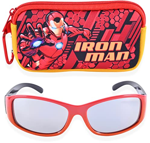 Marvel Avengers Boys Sunglasses for Kids with Super Hero Glasses Case Protective Toddler and Youth Sun Shades (Red Iron Man)