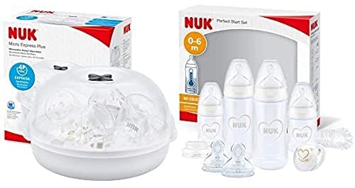 NUK Perfect Start First Choice+ Baby Bottles Set & Microwave Baby Bottle Steriliser | 0-6 Months | 4 x Temperature Control Bottles, Dummy, Bottle Brush & More | Anti-Colic | BPA-Free