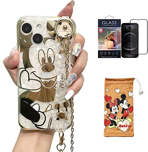 Hosiss Cartoon-Schutzhülle für iPhone 13 15.4 cm (6.1 Zoll) mit HD-Displayschutzfolie, Mickey Mouse mit Handgelenkschlaufe, Kickständer, Metallkette, stoßfest, Schutz für Mädchen und Frauen