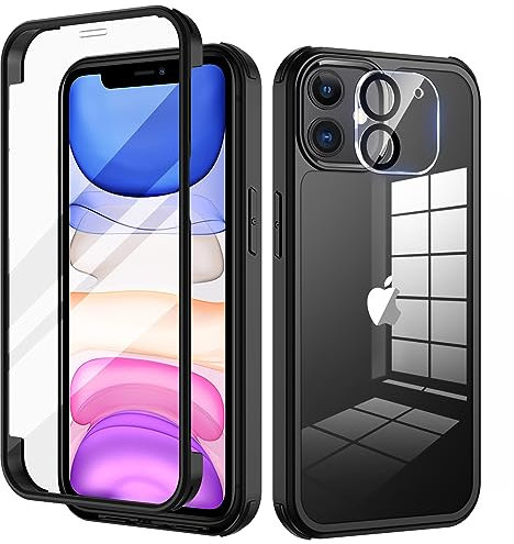 seacosmo for iPhone 11 Case 6.1 Inch, Full-Body Shockproof Case with Built-in Glass Screen Protector and Camera Lens Protector Rubber Bumper Phone Cover iPhone 11 - Black/Clear