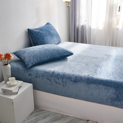 Luofanfei Winter Kuschelige Spannbettlaken 160x200 Boxspringbett Winter Warm Blau Blau Samt Plüsch Frottee Bettlaken Flanell Doppelbett Uni Leintuch für Hohe Matratze Hoher Steg bis 25 30 cm