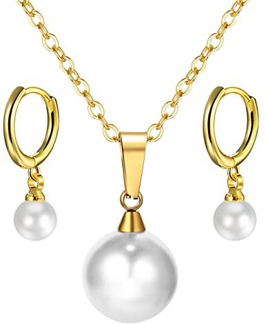 JewelryWe Perlen Halskette Ohrringe Schmuck Set Damen Elegant Perlenohrringe Perlenkette Weiß Perle Creolen Kette mit Anhänger Geschenk Gold