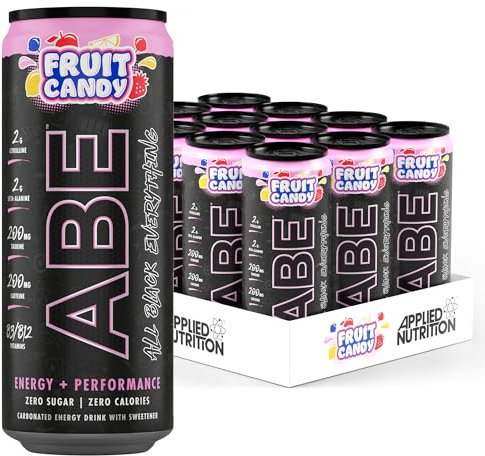 Applied Nutrition ABE Pre Workout Cans - All Black Everything Energy + Performance Drink, ABE Carbonated Beverage Sugar Free with Caffeine (Pack of 12 Cans x 330ml) (Fruit Candy)