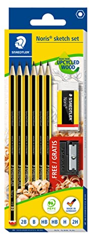 STAEDTLER sketch set Noris, Made from Upcycled Wood, Set mit 6 Bleistiften in verschiedenen Härtegraden, Radiergummi und Anspitzer, 61 120 C6