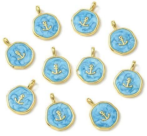 Airssory Emaille-Charms, blau, flache, runde Anker-Anhänger für Halsketten, Armbänder, Schmuckherstellung, Basteln, 10 Stück