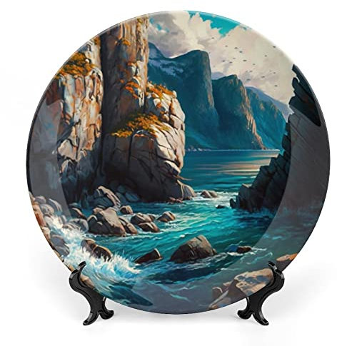 Piatti decorativi, Fiordi, Montagna, Lago e Uccelli, Paesaggio Display Piastra per la Casa Ufficio Cucina Tavolo Decorazione Piatti in Porcellana 18 CM, Regali di Compleanno